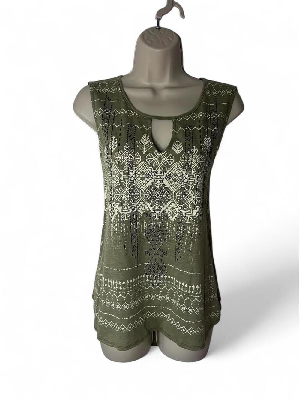 Miss Me Olive Green Geometric Embroidered Keyhole Tank Top XL MDT1766T